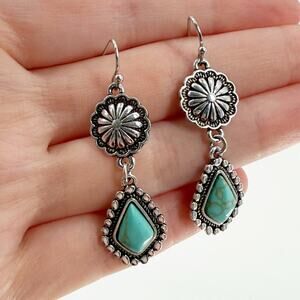 Turquoise Concho Earrings Silver Tone Dangle Western Boho Teardrop